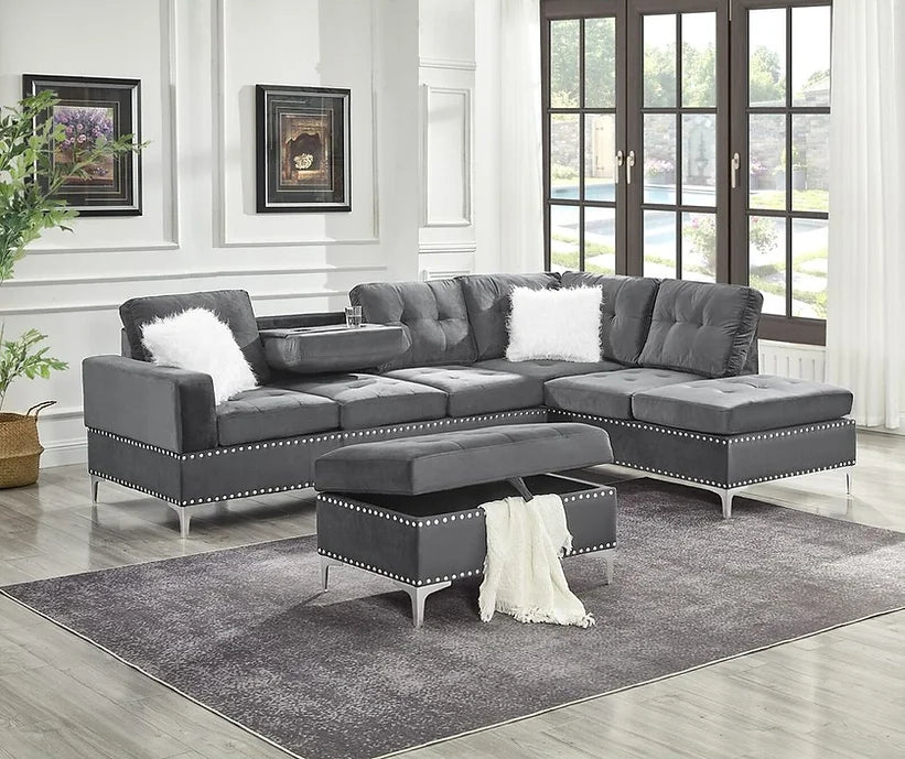 S123 JOY REVERSIBLE GREY SECTIONAL AVAILABLE AS 2 PIECE OR 3 PIECE WITH OTTOMAN
