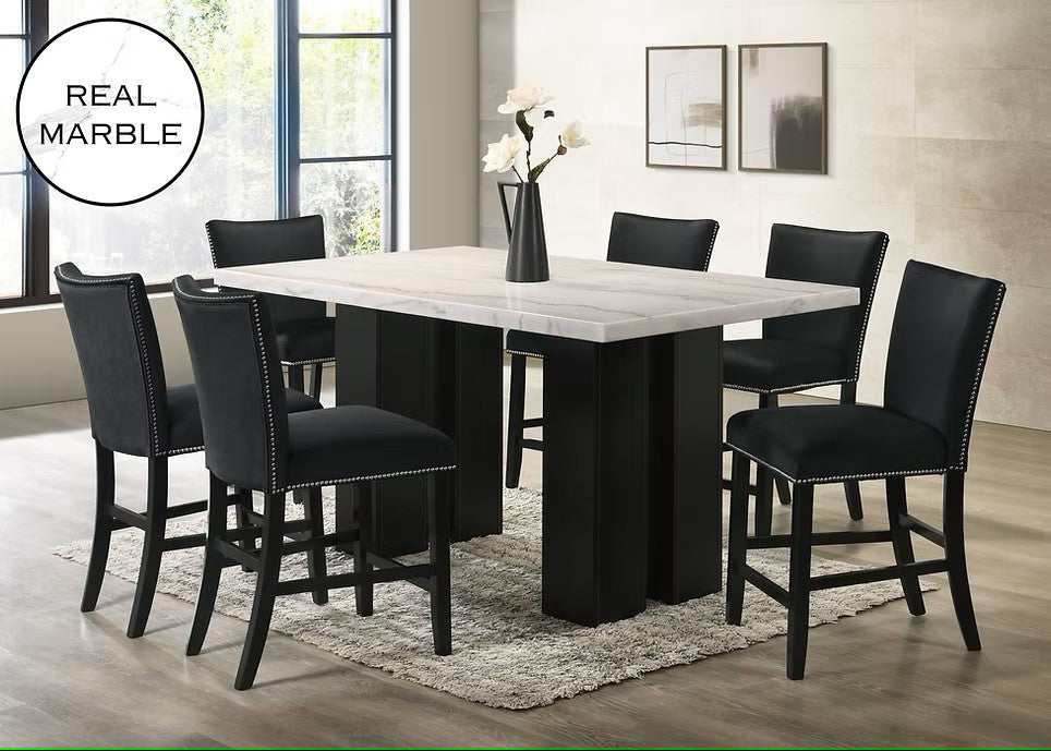 D1236 VALENTINO BLACK 7 PC DINING SET INCLUDES REAL MARBLE TOP TABLE WITH 6 CHAIRS
