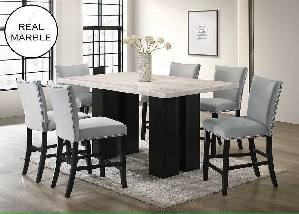 D1236 VALENTINO GREY 7 PC DINING SET INCLUDES REAL MARBLE TOP TABLE WITH 6 CHAIRS