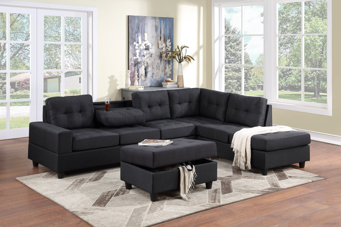 30HEIGHTS BLACK LINEN REVERSIBLE SECTIONAL + OTTOMAN SET