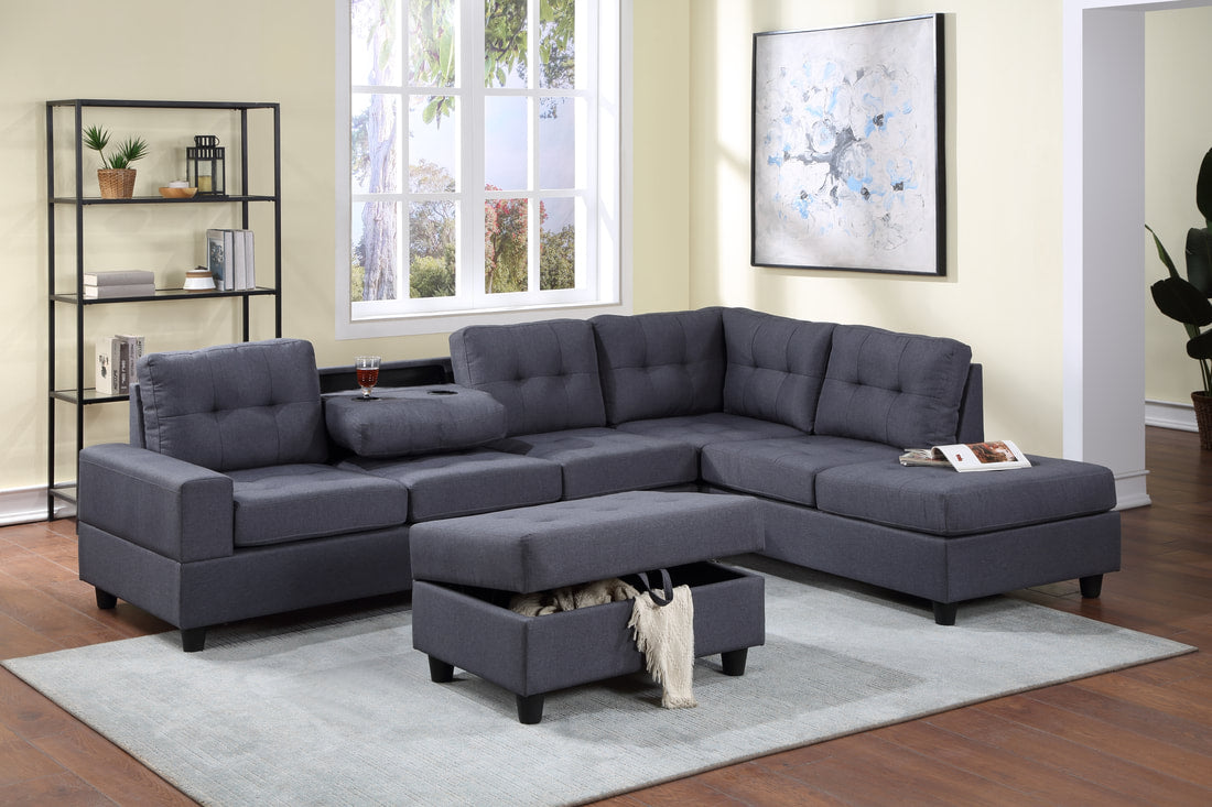 32HEIGHTS GRAY LINEN REVERSIBLE SECTIONAL + OTTOMAN SET