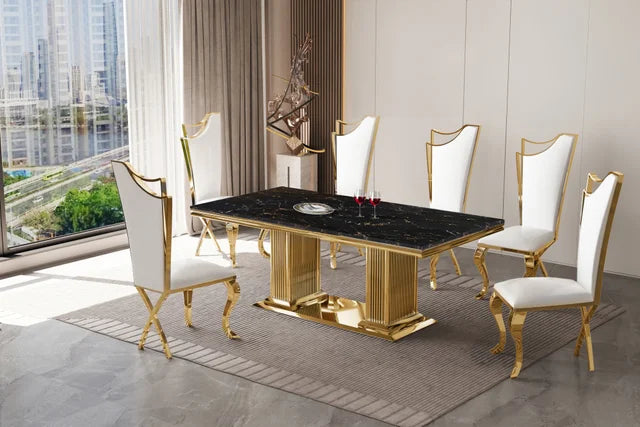 D6061 / D6062 / D7071 - Marble/Stainless Steel Dining Table + 6 Chair Set