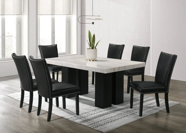 Finland Table & 6-Chairs (GENUINE MARBLE) - Available in Black, Grey, Blue, & PU