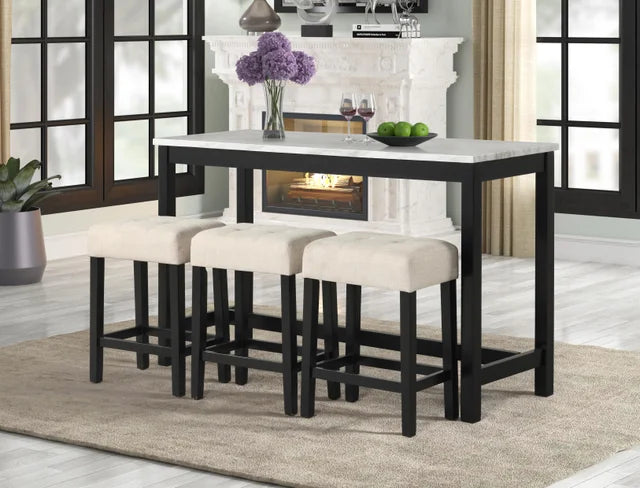 Gloria Black - Faux Marble Console Table with 3 Black Stools