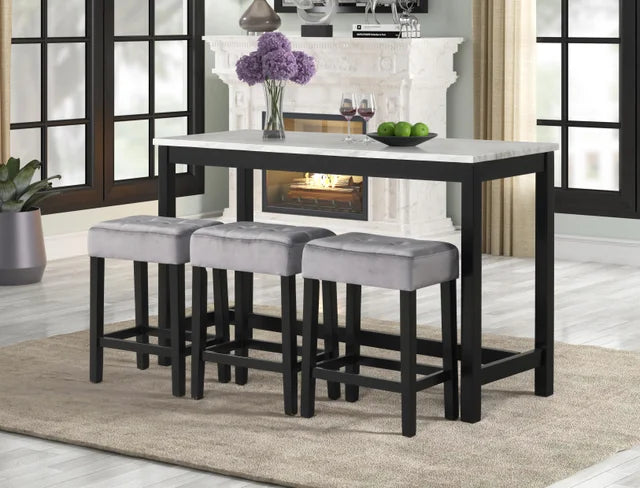Gloria Black - Faux Marble Console Table with 3 Black Stools