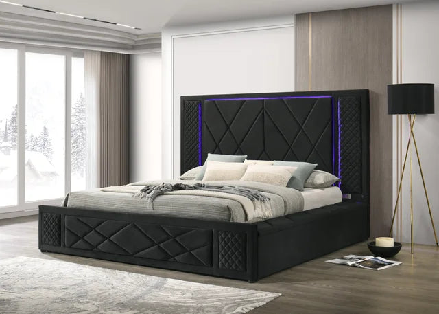LORENZO BLACK PLATFORM BED WITH STORAGE, LED LIGHTS AND BLUETOOTH SPEAKERS AVAILABLE IN QUEEN AND KING