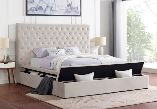 PARIS BEIGE PLATFORM BED WITH STORAGE AVAILABLE IN QUEEN AND KING SIZES