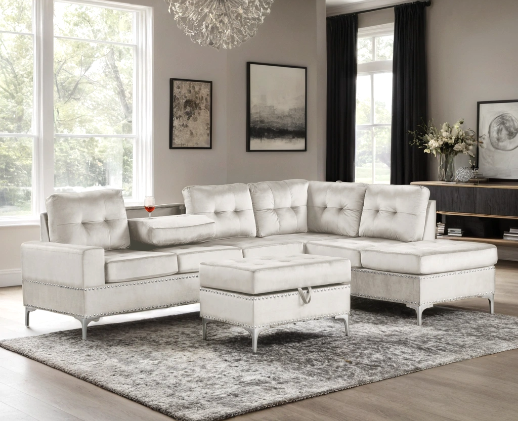 ANSERRA GRAY VELVET REVERSIBLE SECTIONAL AND OTTOMAN SET