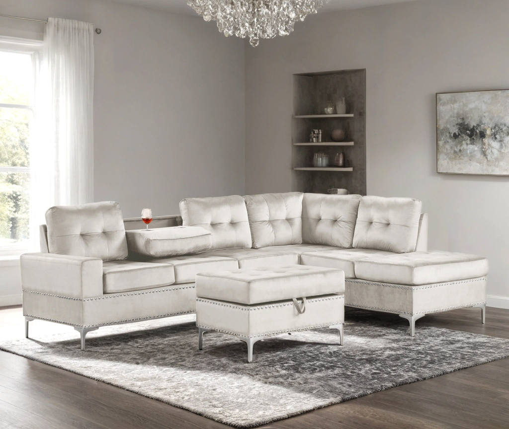 ANSERRA GRAY VELVET REVERSIBLE SECTIONAL AND OTTOMAN SET