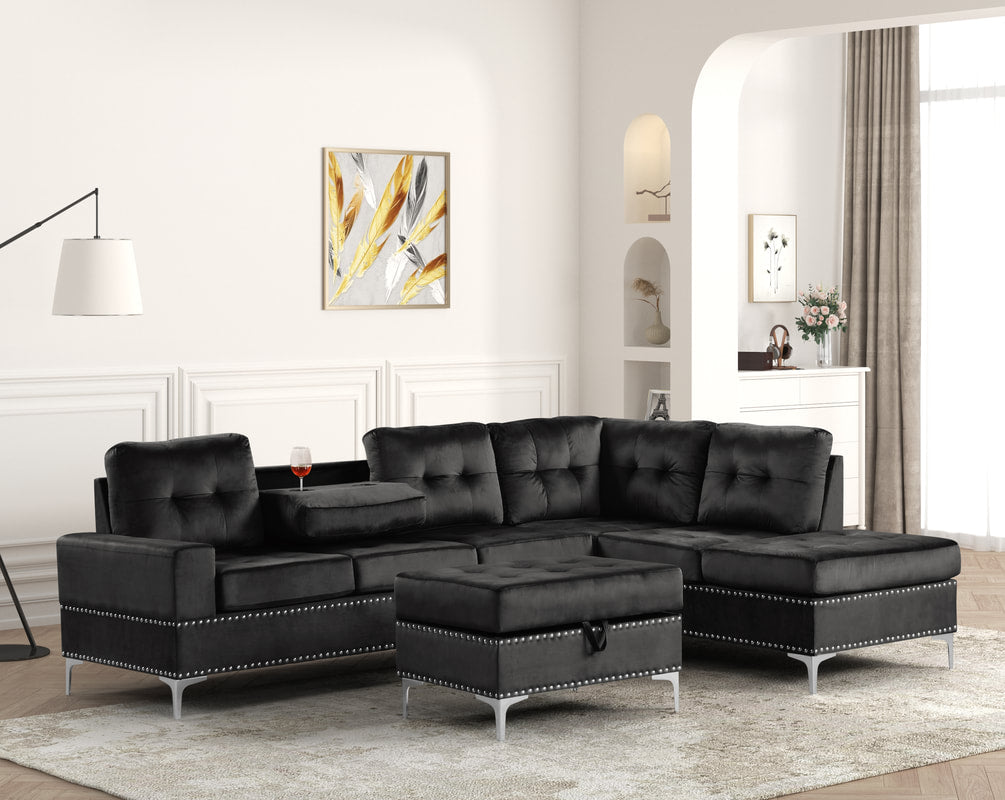 ANSERRA BLACK VELVET REVERSIBLE SECTIONAL AND OTTOMAN SET