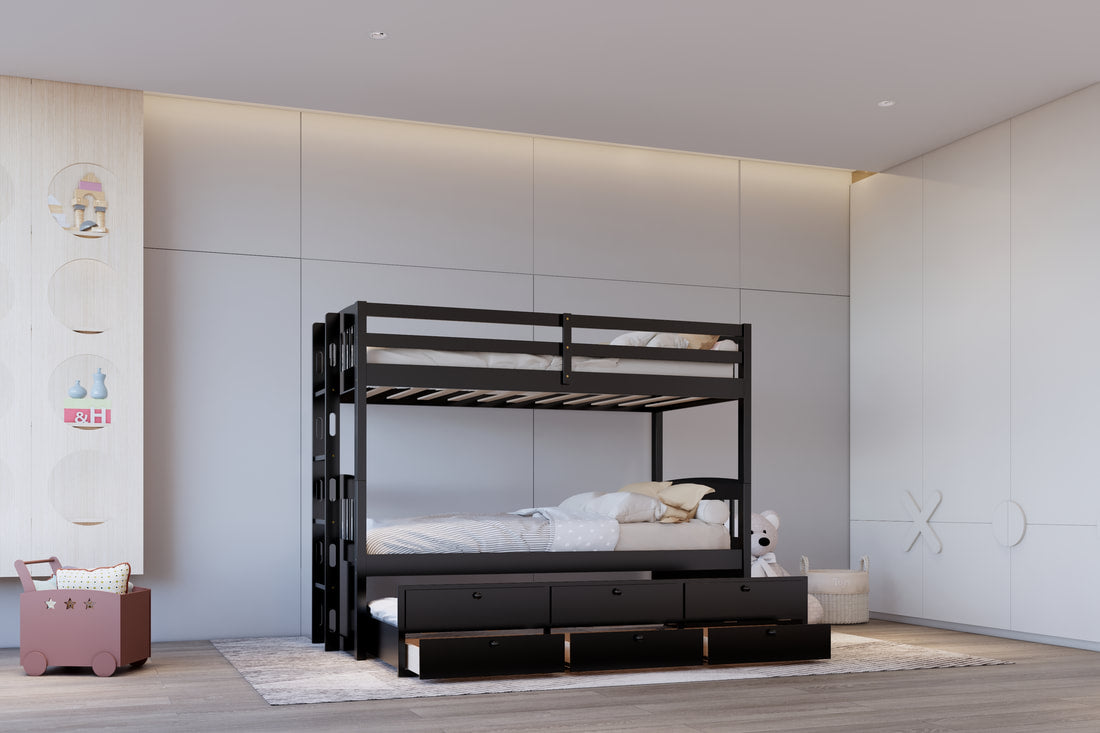 BB42 BLACK TWIN/TWIN BUNK BED WITH TWIN TRUNDLE + 3 DRAWERS