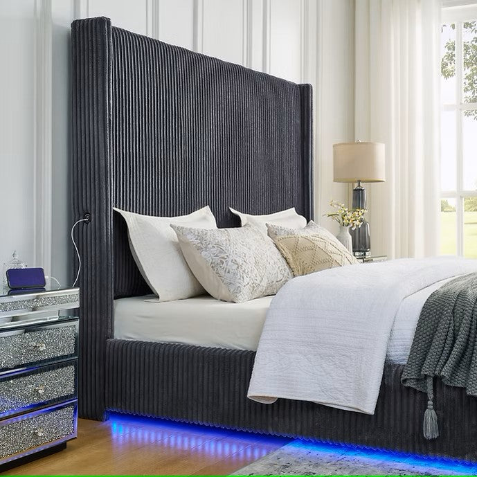 B300 BELINDA GREY PLATFORM BED WITH LED LIGHTS AVAILABLE IN QUEEN AND KING SIZES