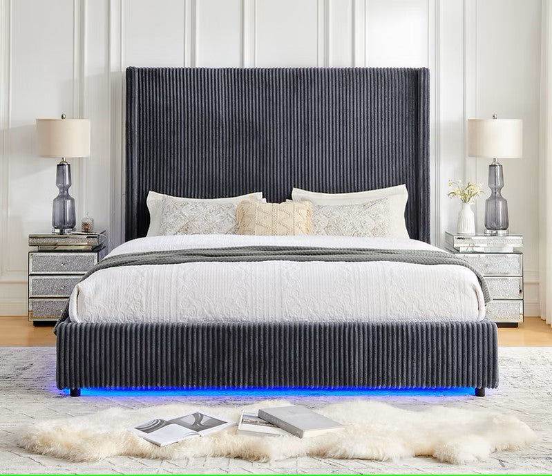 B300 BELINDA GREY PLATFORM BED WITH LED LIGHTS AVAILABLE IN QUEEN AND KING SIZES