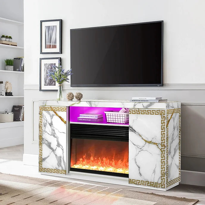 A-F04 VERSA WHITE TV STAND WITH LED, BLUETOOTH AND FIREPLACE