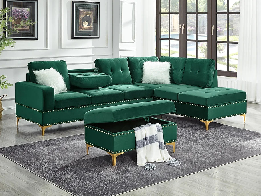 S123 JOY REVERSIBLE GREEN SECTIONAL AVAILABLE AS 2 PIECE OR 3 PIECE WITH OTTOMAN