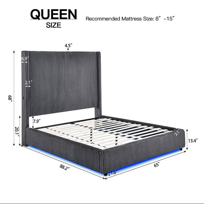 B300 BELINDA GREY PLATFORM BED WITH LED LIGHTS AVAILABLE IN QUEEN AND KING SIZES