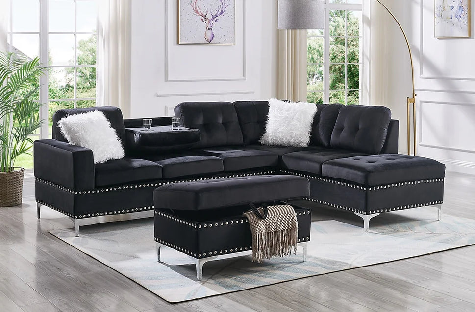 S123 JOY REVERSIBLE BLACK SECTIONAL AVAILABLE AS 2 PIECE OR 3 PIECE WITH OTTOMAN