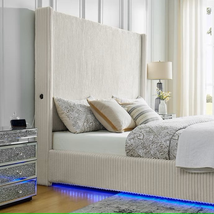 B300 BELINDA BEIGE PLATFORM BED WITH LED LIGHTS AVAILABLE IN QUEEN AND KING SIZES