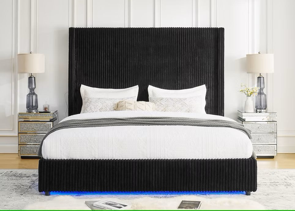 B300 BELINDA BLACK PLATFORM BED WITH LED LIGHTS AVAILABLE IN QUEEN AND KING SIZES