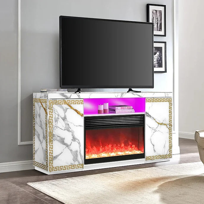 A-F04 VERSA WHITE TV STAND WITH LED, BLUETOOTH AND FIREPLACE