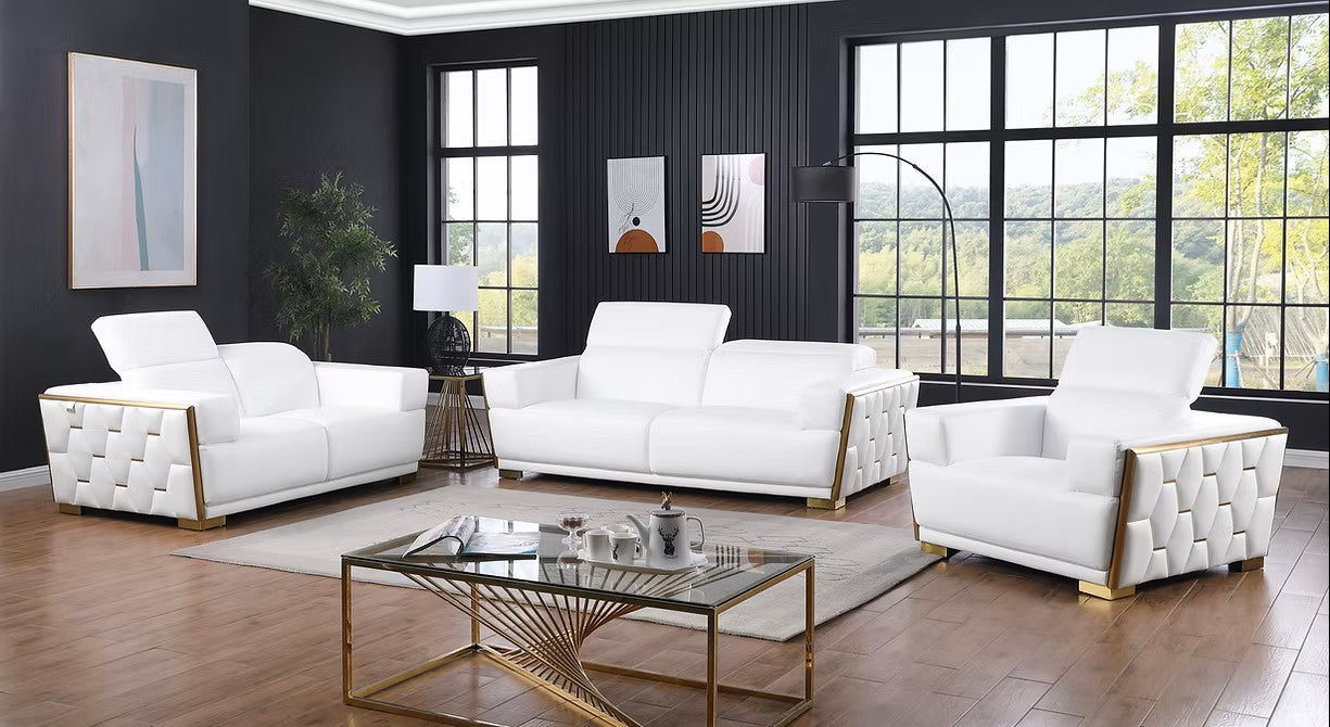 MI-1245 HEXOR WHITE ITALIAN LEATHER LIVING ROOM SET AVAILABLE AS 2 PIECE OR 3 PIECE SET