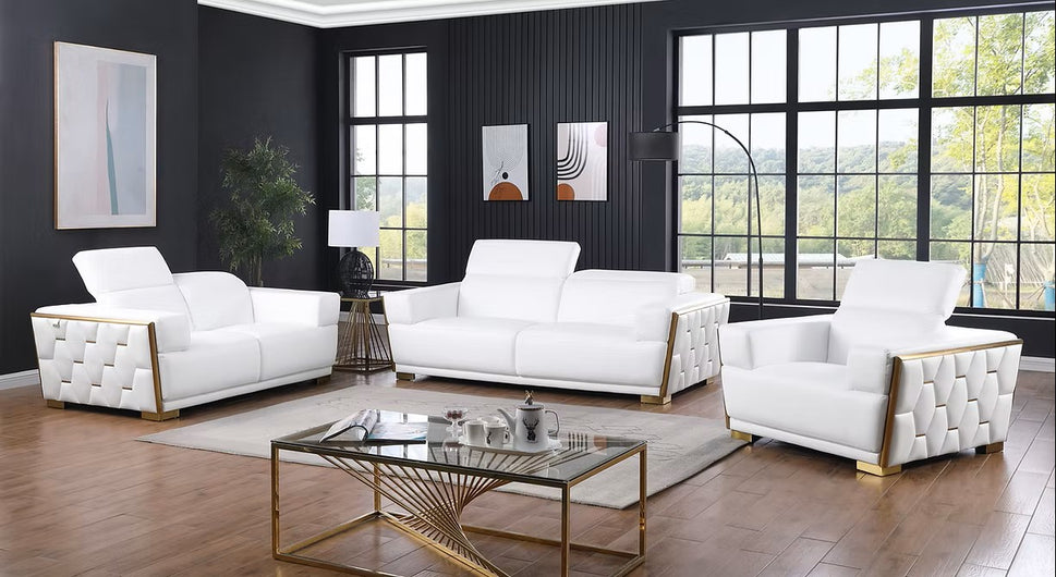 MI-1245 HEXOR WHITE ITALIAN LEATHER LIVING ROOM SET AVAILABLE AS 2 PIECE OR 3 PIECE SET