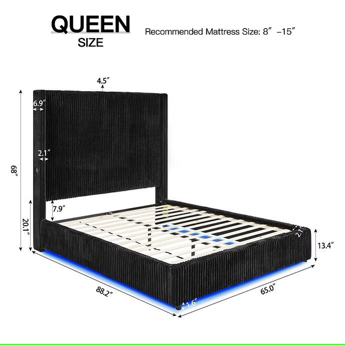 B300 BELINDA BLACK PLATFORM BED WITH LED LIGHTS AVAILABLE IN QUEEN AND KING SIZES