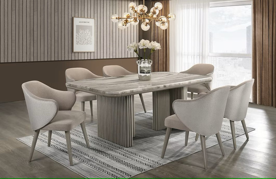 D1300 ADRIANA 7 PC DINING SET INCLUDES REAL MARBLE TOP TABLE WITH 6 CHAIRS