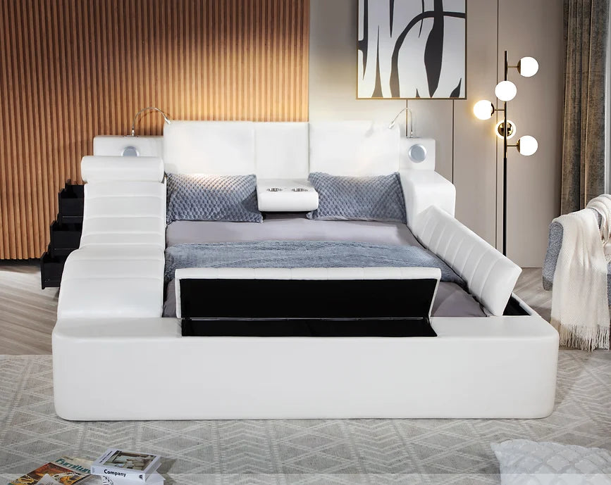 B420 APOLLO WHITE BED WITH STORAGE AND USB CHARGER AVAILABLE IN QUEEN AND KING SIZES