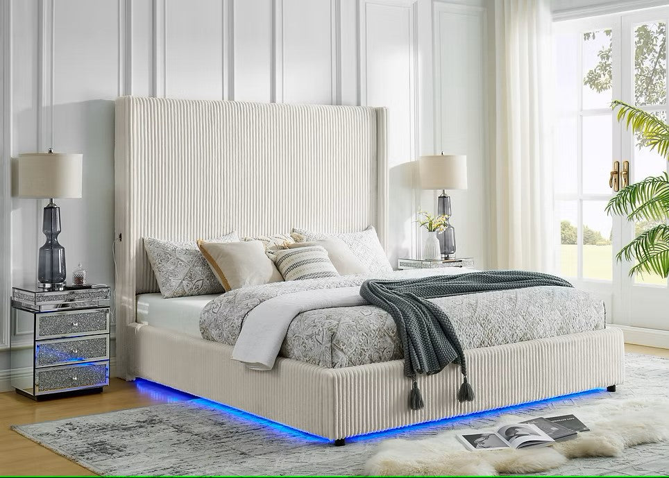 B300 BELINDA BEIGE PLATFORM BED WITH LED LIGHTS AVAILABLE IN QUEEN AND KING SIZES