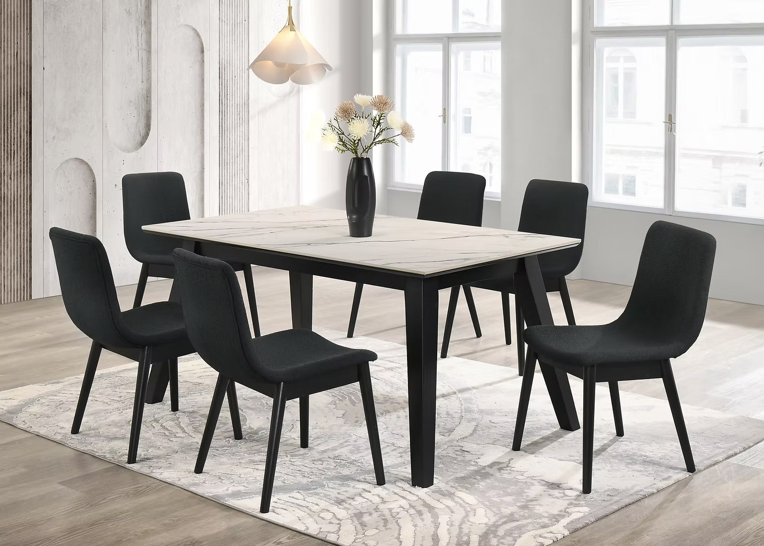 Dorri 5PC Dining Set – Grey Oak & Black with White Porcelain Top | Modern Dining Room Furniture