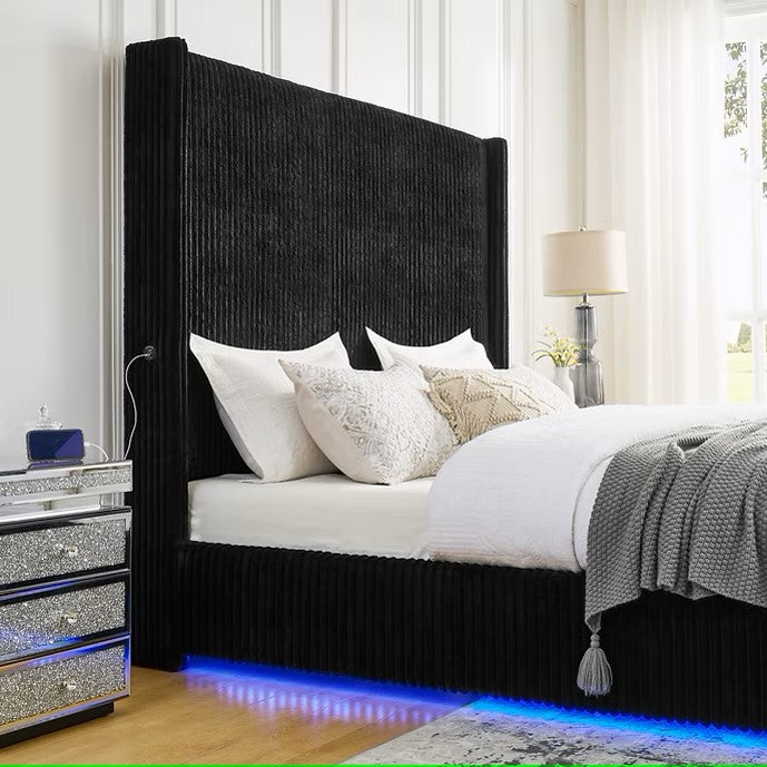 B300 BELINDA BLACK PLATFORM BED WITH LED LIGHTS AVAILABLE IN QUEEN AND KING SIZES