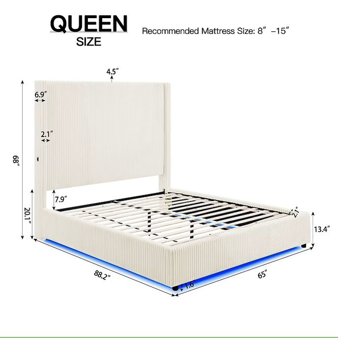 B300 BELINDA BEIGE PLATFORM BED WITH LED LIGHTS AVAILABLE IN QUEEN AND KING SIZES