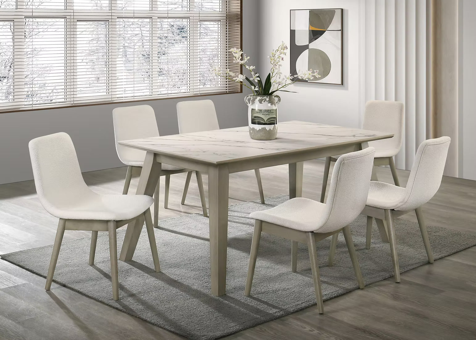 Dorri 5PC Dining Set – Grey Oak & Black with White Porcelain Top | Modern Dining Room Furniture