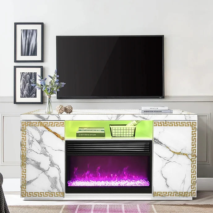 A-F04 VERSA WHITE TV STAND WITH LED, BLUETOOTH AND FIREPLACE