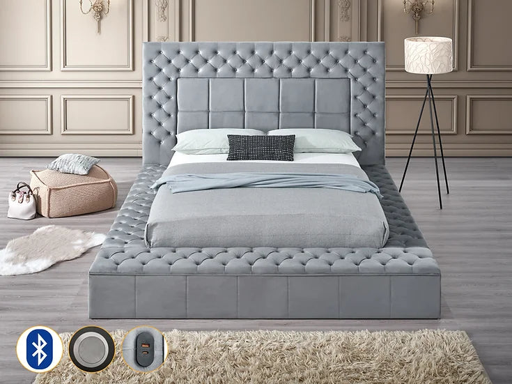 B9015 EMERALD GREY BED WITH USB CHARGER AND STORAGE AVAILABLE IN QUEEN AND KING SIZES
