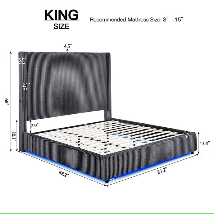 B300 BELINDA GREY PLATFORM BED WITH LED LIGHTS AVAILABLE IN QUEEN AND KING SIZES