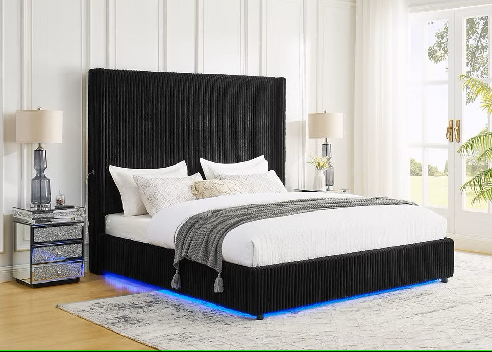 B300 BELINDA BLACK PLATFORM BED WITH LED LIGHTS AVAILABLE IN QUEEN AND KING SIZES