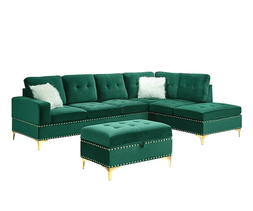 S123 JOY REVERSIBLE GREEN SECTIONAL AVAILABLE AS 2 PIECE OR 3 PIECE WITH OTTOMAN