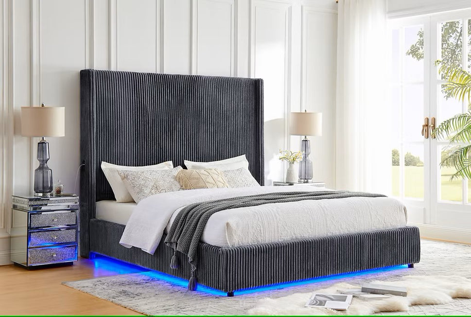 B300 BELINDA GREY PLATFORM BED WITH LED LIGHTS AVAILABLE IN QUEEN AND KING SIZES
