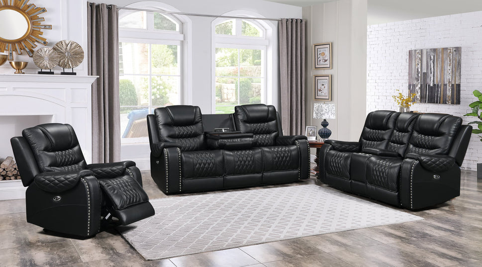 HARLEY BLACK GENUINE TOP GRAIN LEATHER 3 PC POWER RECLINING SET
