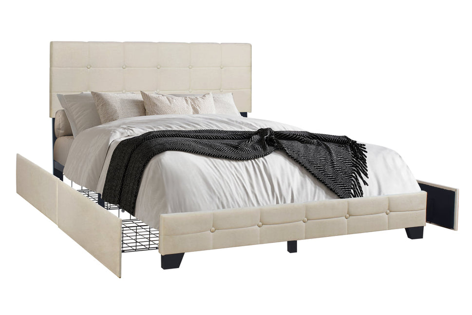 HH995 BEIGE PLATFORM BED WITH STORAGE AVAILABLE IN FULL QUEEN AND KING SIZES
