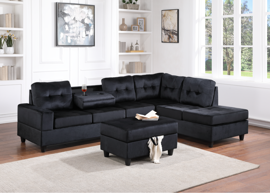 20HEIGHTS BLACK VELVET REVERSIBLE SECTIONAL + OTTOMAN