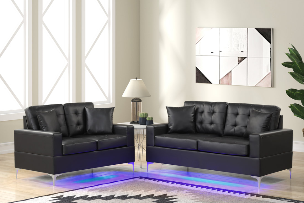 MIAMI - 2PC SOFA AND LOVESEAT SET WITH LED LIGHTS AVAILABLE IN BLACK AND WHITE