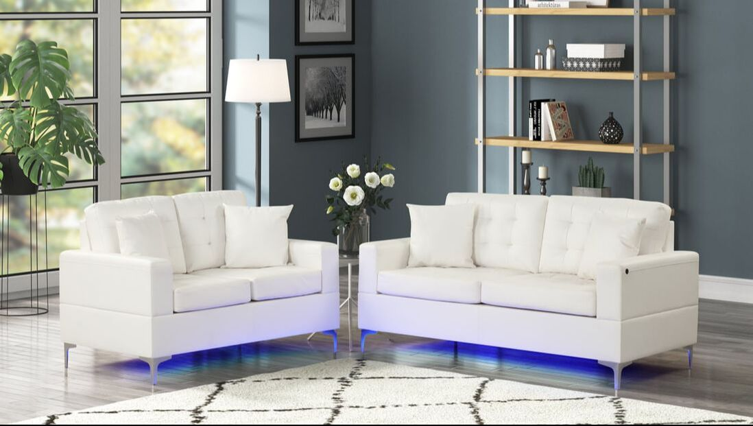 MIAMI - 2PC SOFA AND LOVESEAT SET WITH LED LIGHTS AVAILABLE IN BLACK AND WHITE