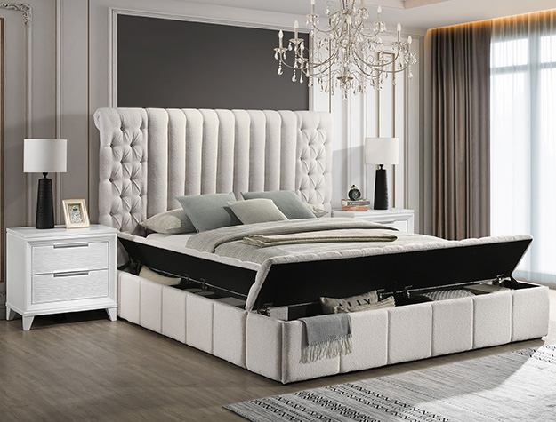 5201WH-ALL DANBURY WHITE BED WITH STORAGE AVAILABLE IN QUEEN AND KING SIZES