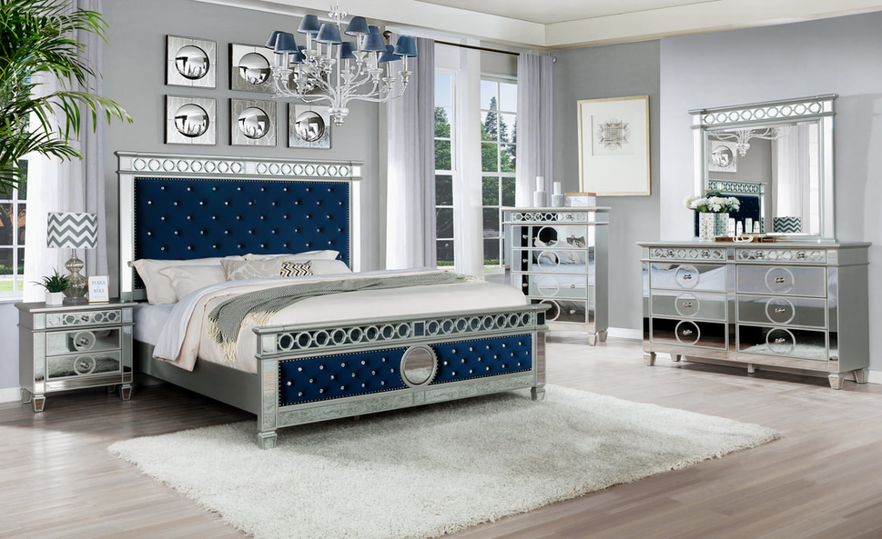 B5000 BLUE VELVET BEDROOM SET AVAILABLE IN QUEEN AND KING SIZES AS 4PC or 5PC SET