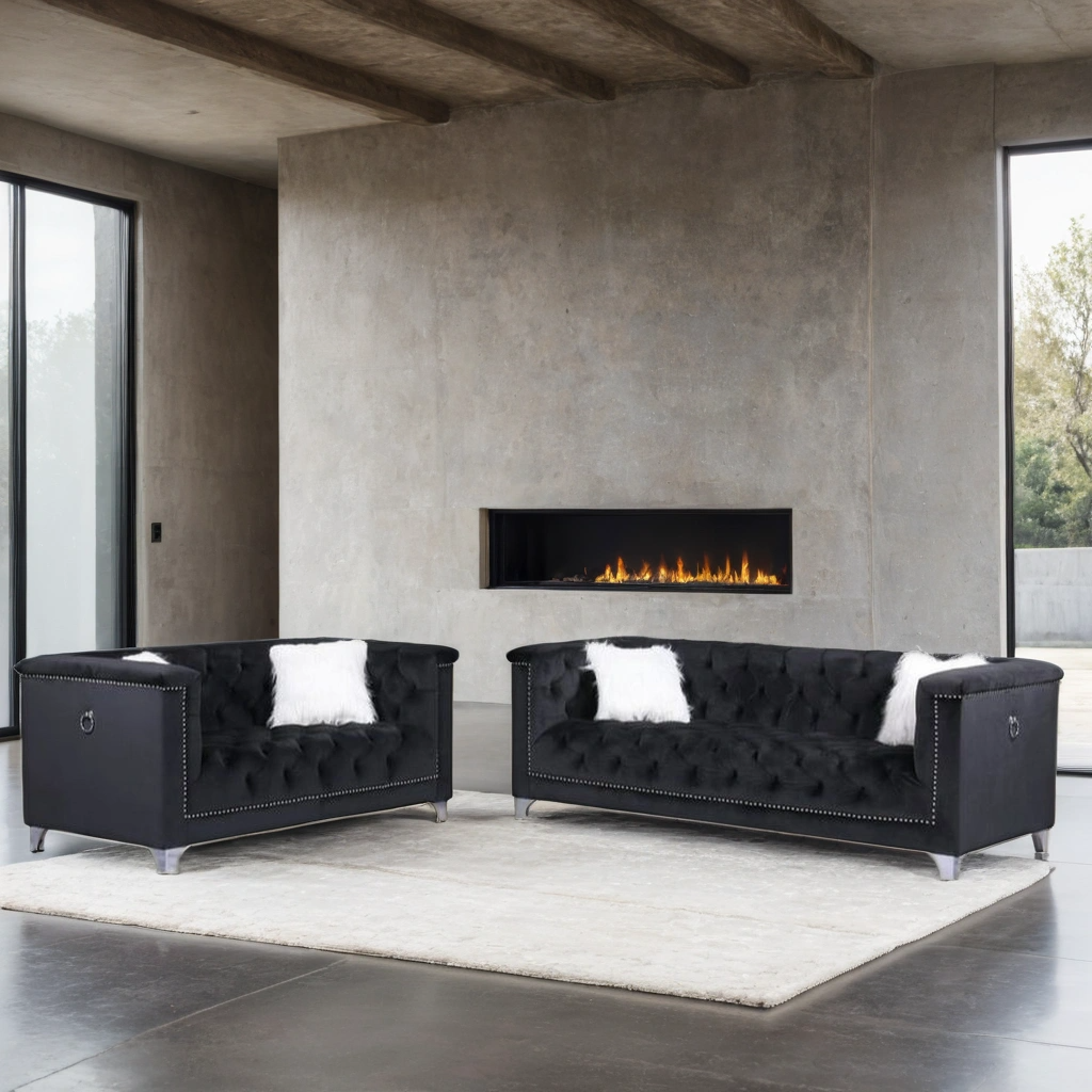 PRINCE BLACK VELVET LOVE SEAT AND SOFA SET