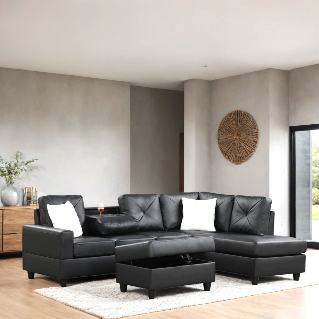 ROCKET BLACK PU REVERSIBLE SECTIONAL WITH OPTIONAL OTTOMAN