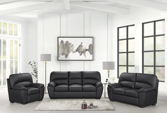 TIFFANY FAUX LEATHER BLACK LIVING ROOM SET AVAILABLE AS 2 PIECE OR 3 PIECE SET